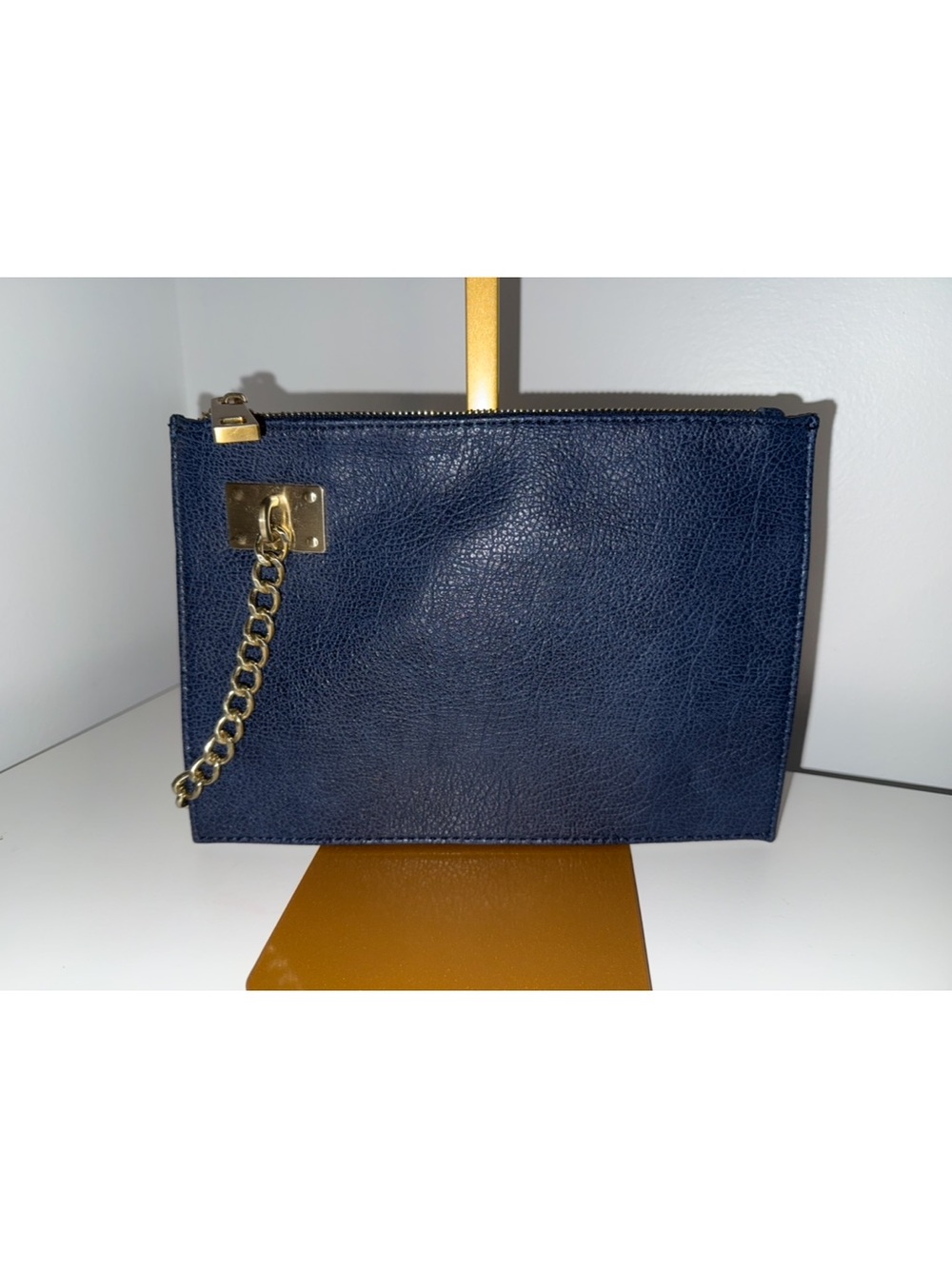 Classic Navy Leather Wristlet with Gold Chain